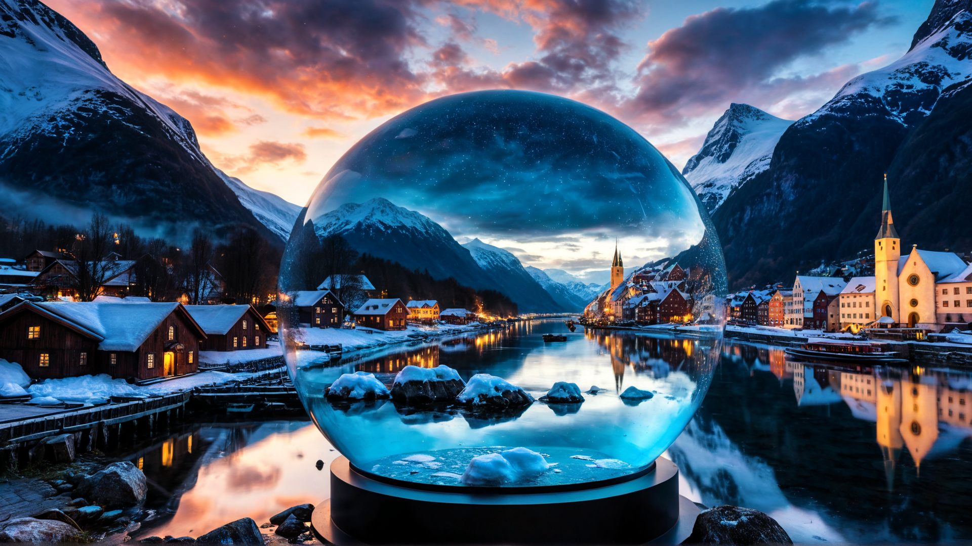 AI generated wallpaper featuring snowglobe, mountains, village, river, church, houses, sky, snow, reflection, clouds