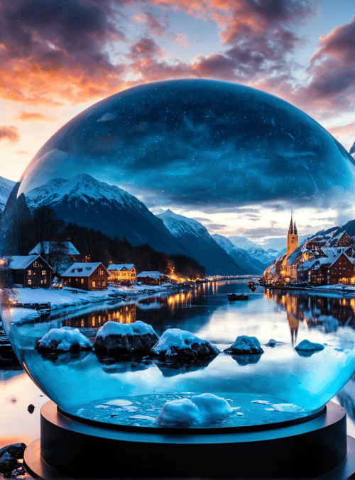 snowglobe, mountains, village, river, church, houses, sky, snow, reflection, clouds