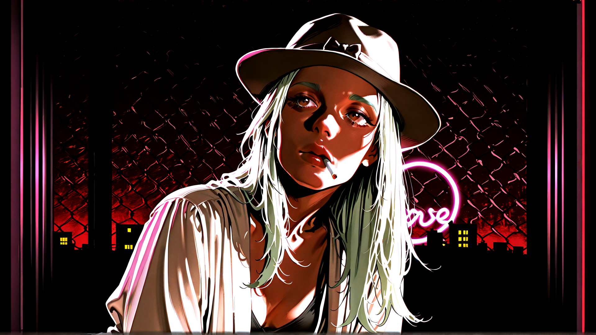 AI generated wallpaper featuring woman, hat, neon, cityscape, cigarette