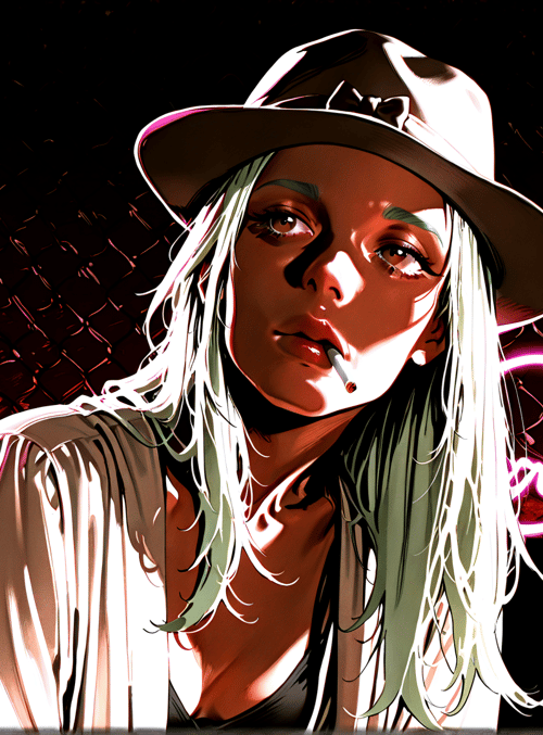 woman, hat, neon, cityscape, cigarette