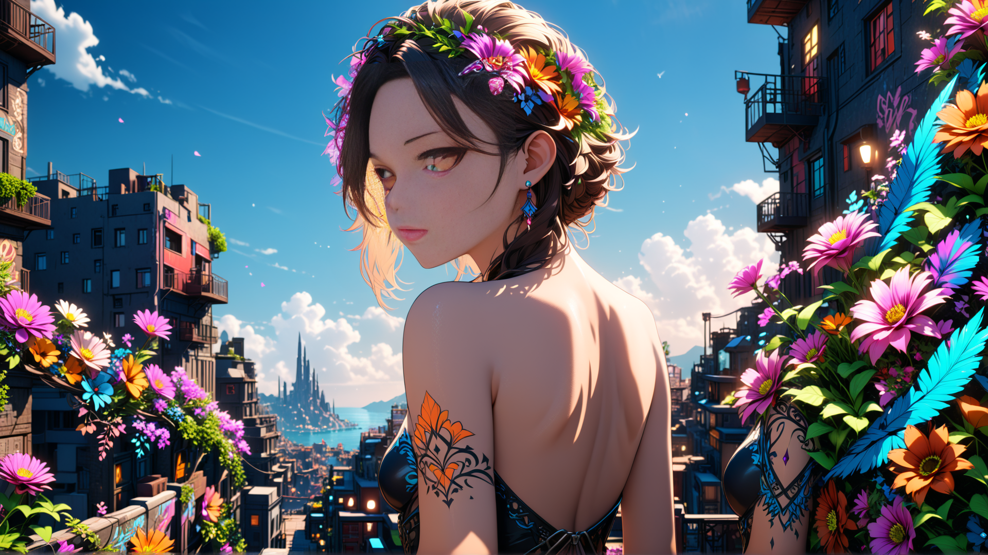 AI generated wallpaper featuring woman, flowers, city