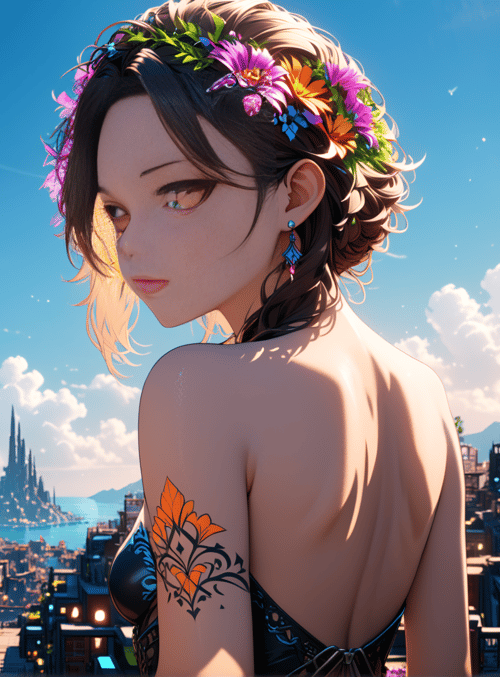 woman, flowers, city