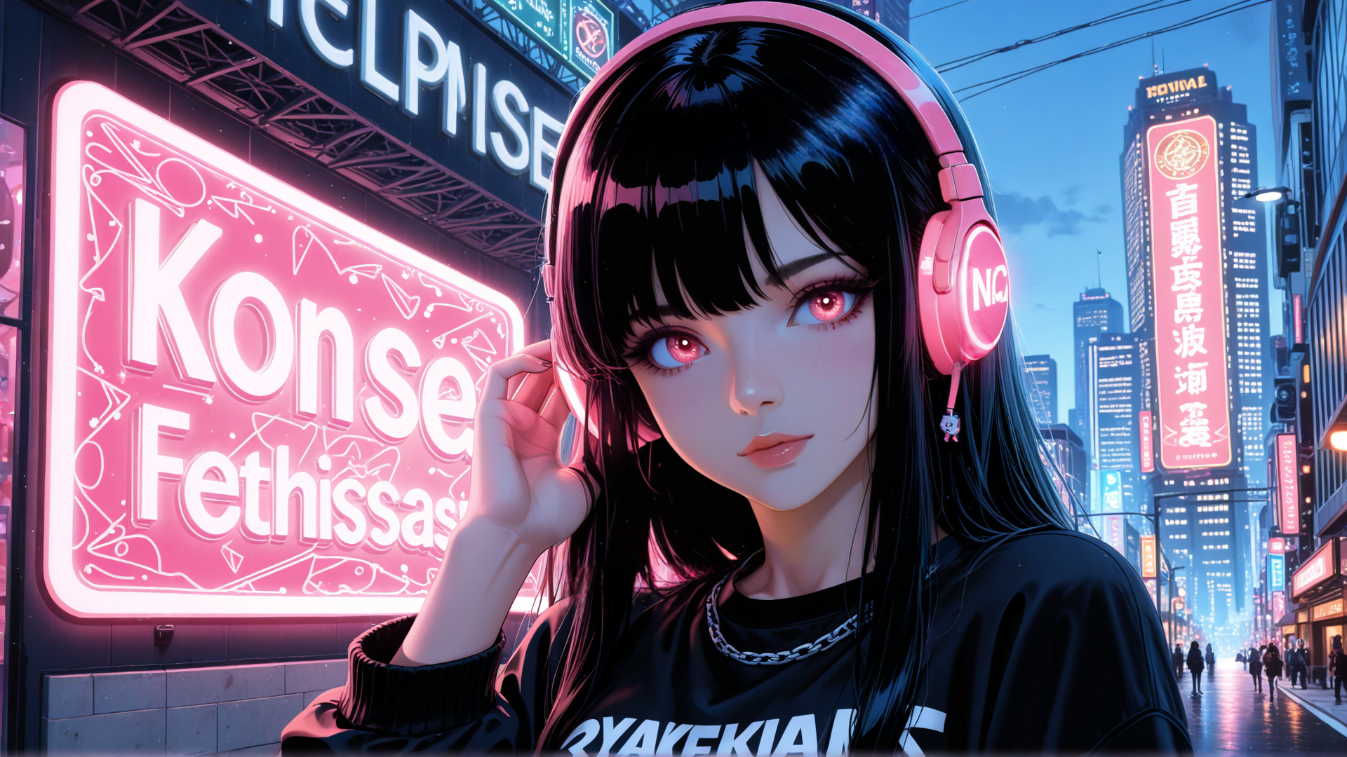 AI generated wallpaper featuring girl, headphones, city