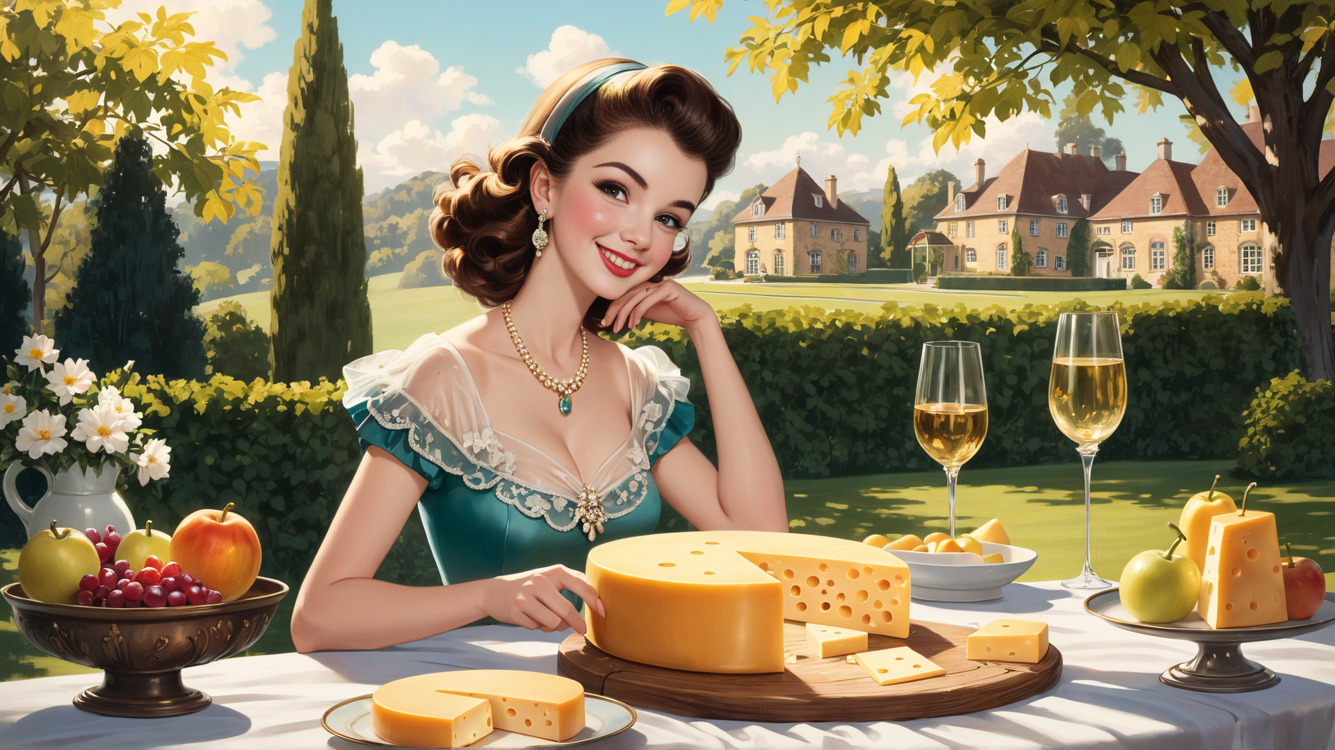 AI generated wallpaper featuring woman, cheese, apples