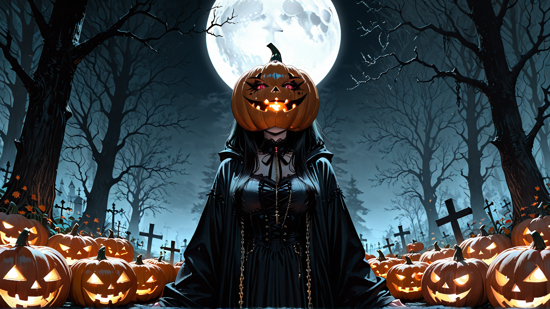 AI generated wallpaper featuring pumpkin, woman, trees, moon, jack-o-lantern, cross, garden