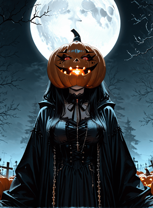 pumpkin, woman, trees, moon, jack-o-lantern, cross, garden