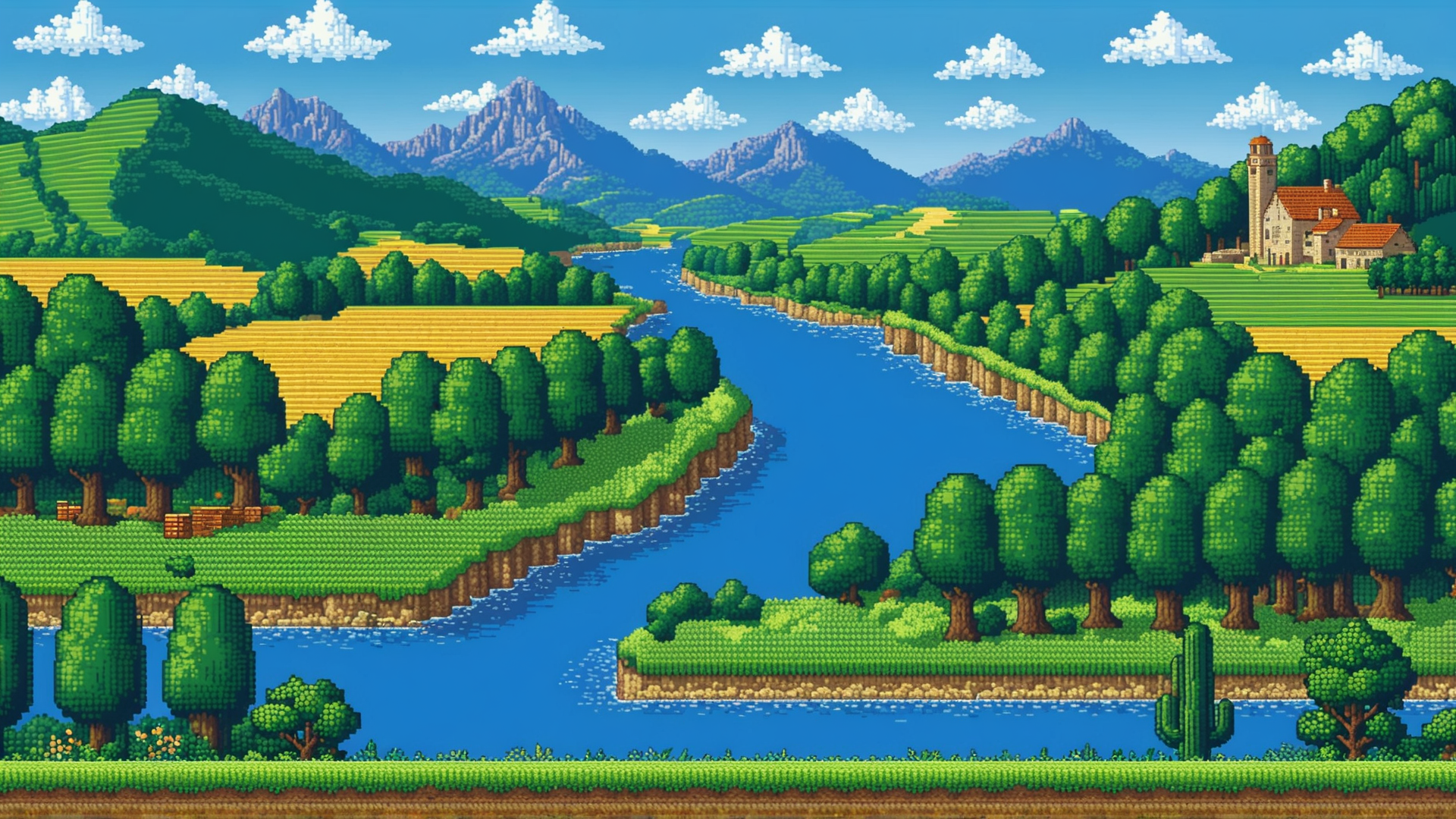 AI generated wallpaper featuring landscape, river, village