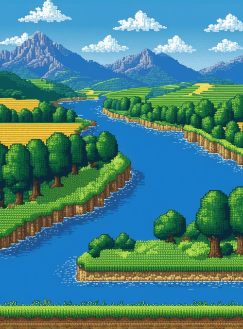 landscape, river, village