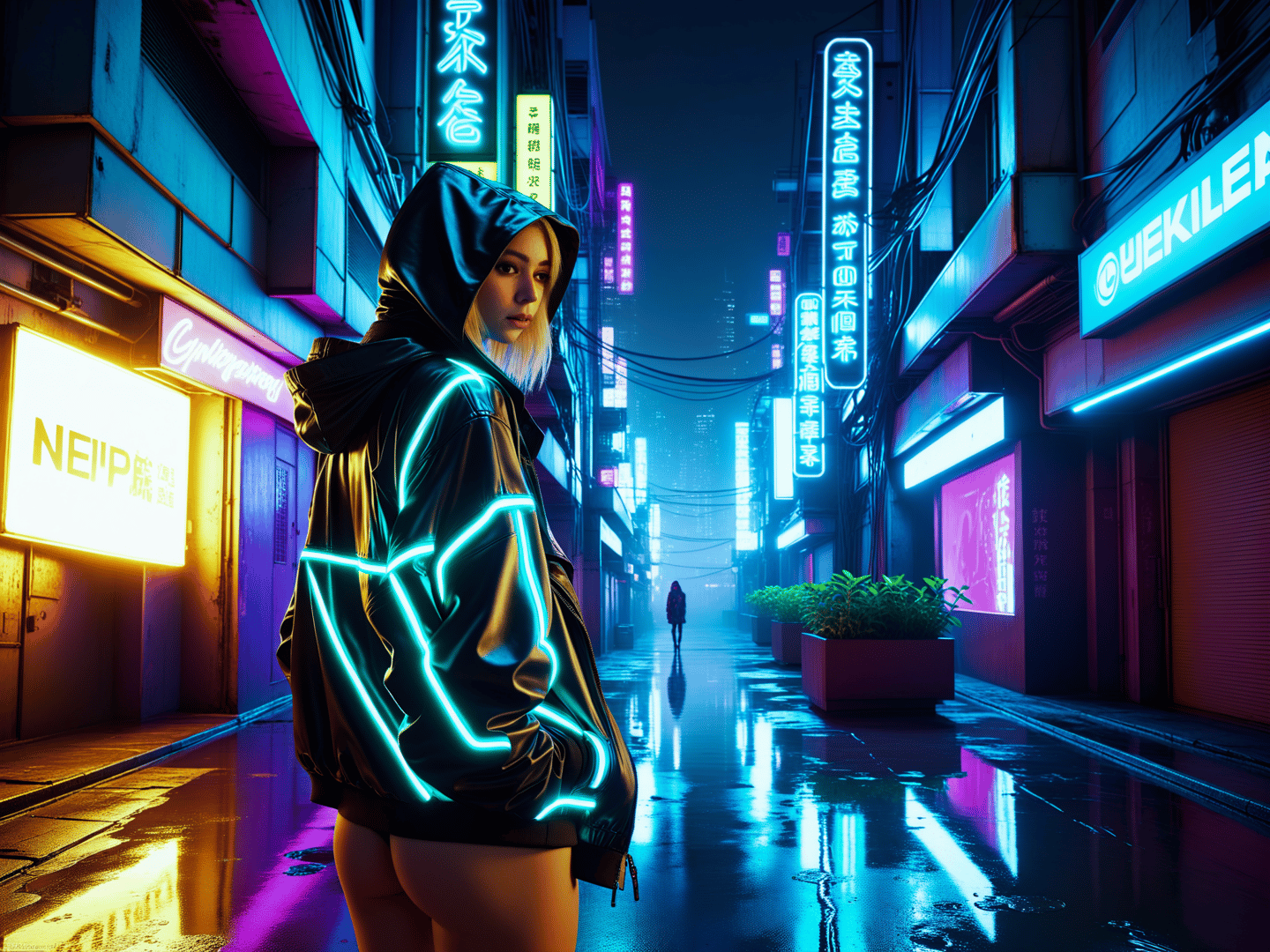 AI generated wallpaper featuring woman, neon, street