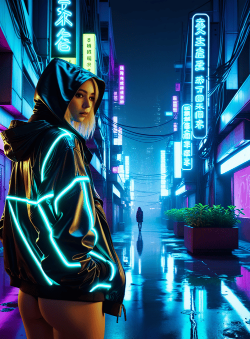 woman, neon, street