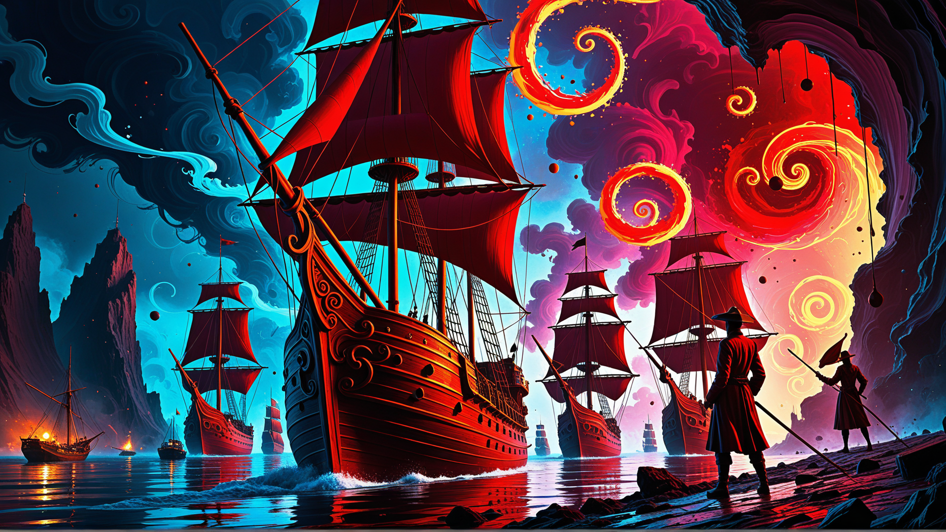 AI generated wallpaper featuring ship, sail, pirate, cloud, moon, cave, water, rock, flag, star