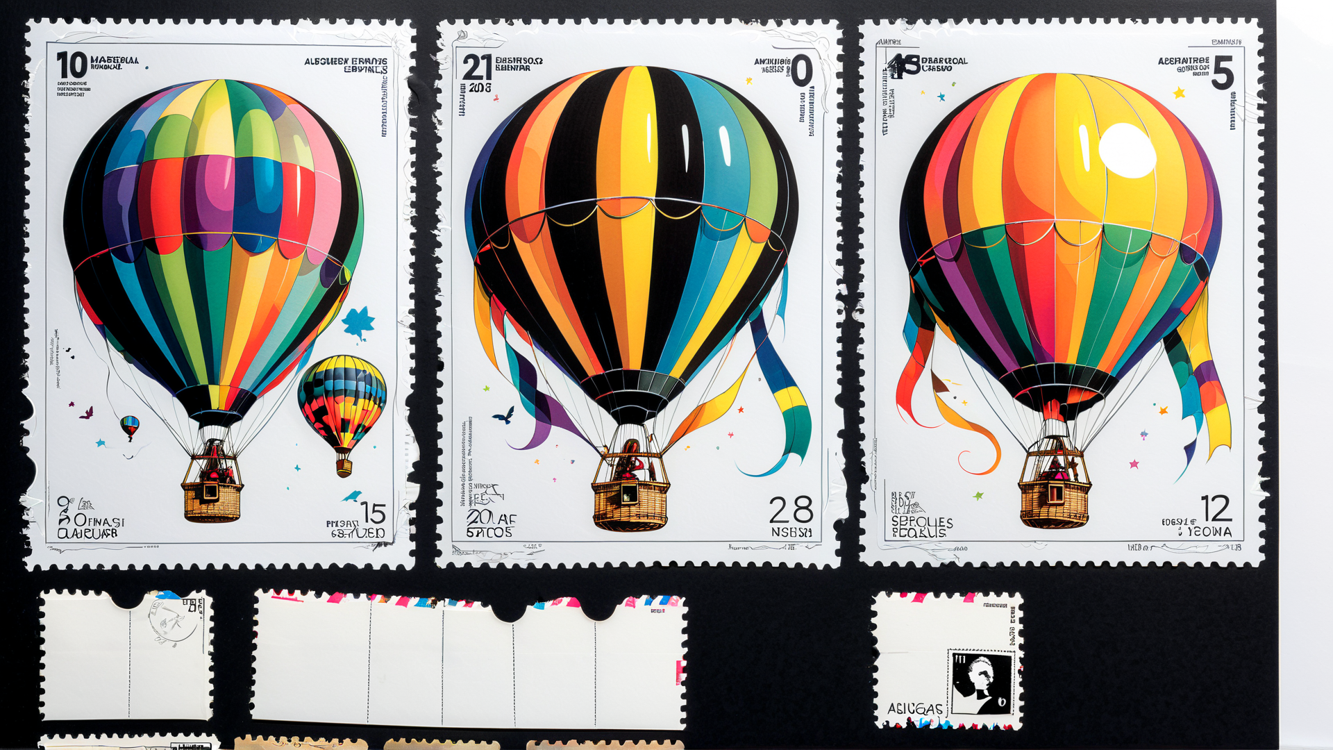 AI generated wallpaper featuring hot air balloons, stamps, basket
