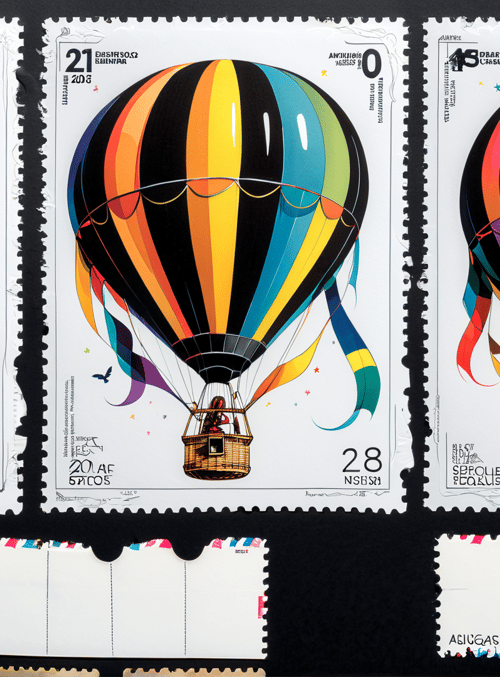 hot air balloons, stamps, basket