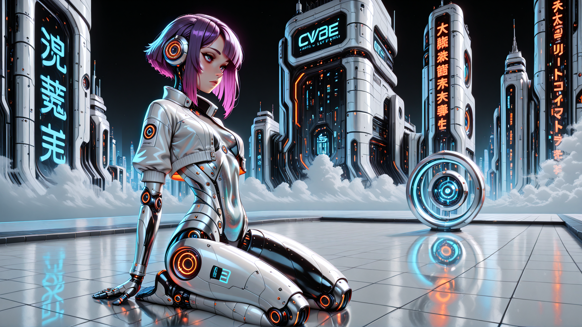 AI generated wallpaper featuring cyborg, robot, futuristic city, neon sign, goggles, clouds, buildings, sitting figure, tech, headphones