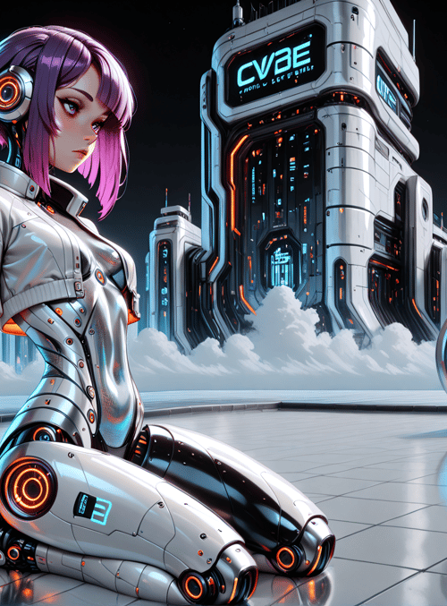 cyborg, robot, futuristic city, neon sign, goggles, clouds, buildings, sitting figure, tech, headphones