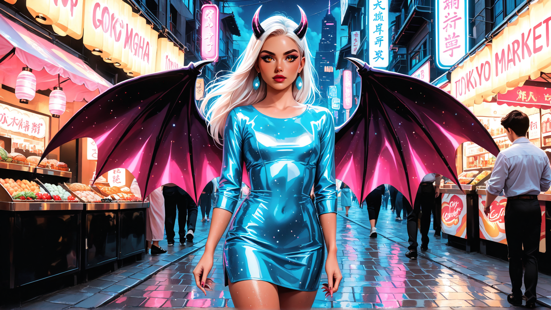 AI generated wallpaper featuring woman, dragon wings, horn, market, neon lights, street, signs, dress