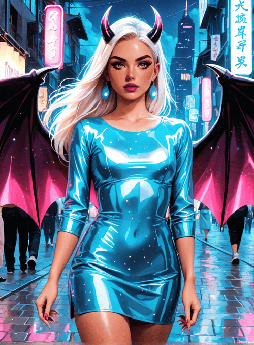 woman, dragon wings, horn, market, neon lights, street, signs, dress