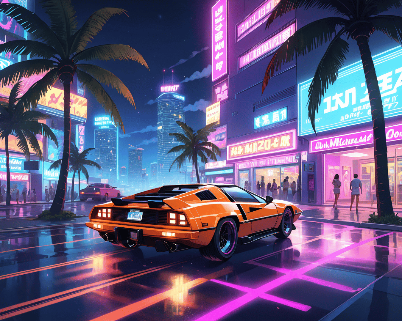 AI generated wallpaper featuring car, city, palm trees