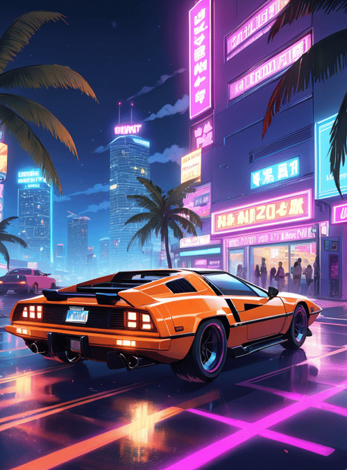 car, city, palm trees