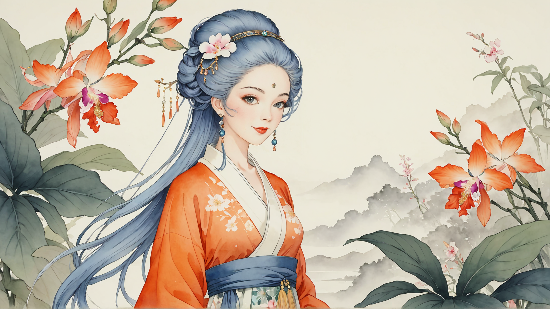 AI generated wallpaper featuring woman, flower, mountain, hair, dress