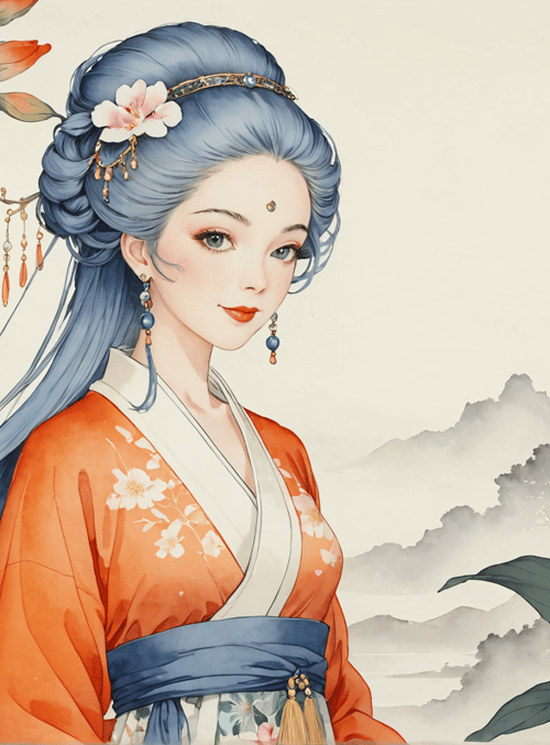woman, flower, mountain, hair, dress
