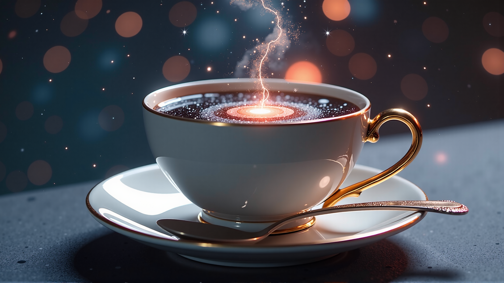 AI generated wallpaper featuring cup, spoon, coffee, galaxy, lightning, stars