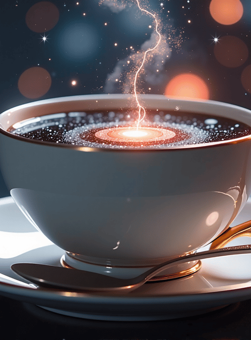 cup, spoon, coffee, galaxy, lightning, stars