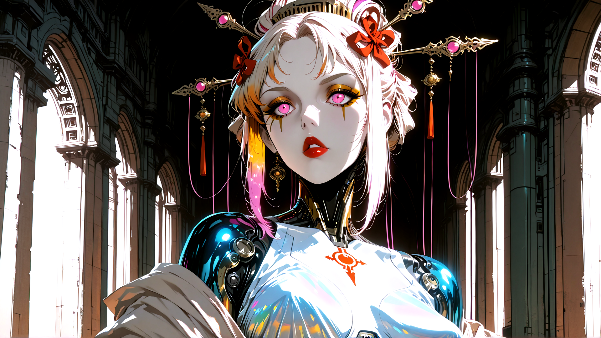 AI generated wallpaper featuring cyborg, woman, robot, gown, headpiece, ears, neck, shoulders