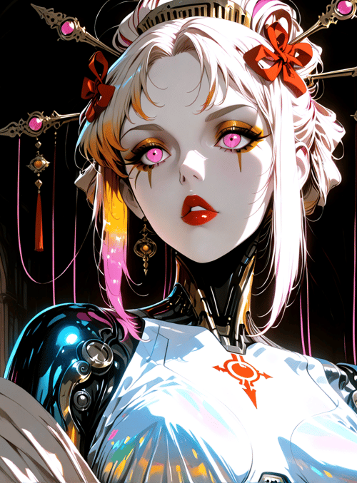 cyborg, woman, robot, gown, headpiece, ears, neck, shoulders