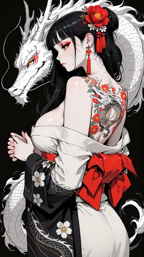 AI generated wallpaper featuring woman, dragon, flower, kimono, tattoo, earring, ribbon