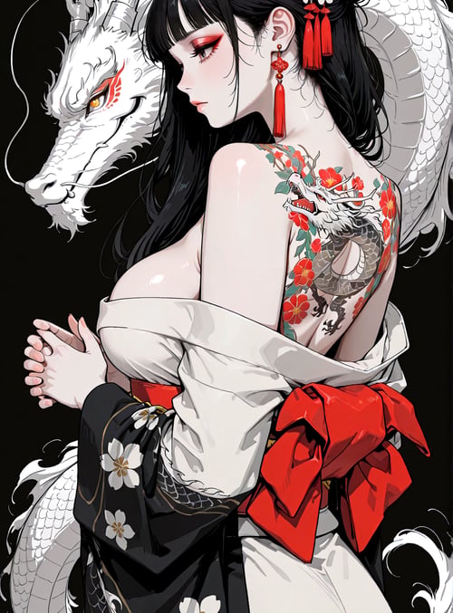 woman, dragon, flower, kimono, tattoo, earring, ribbon