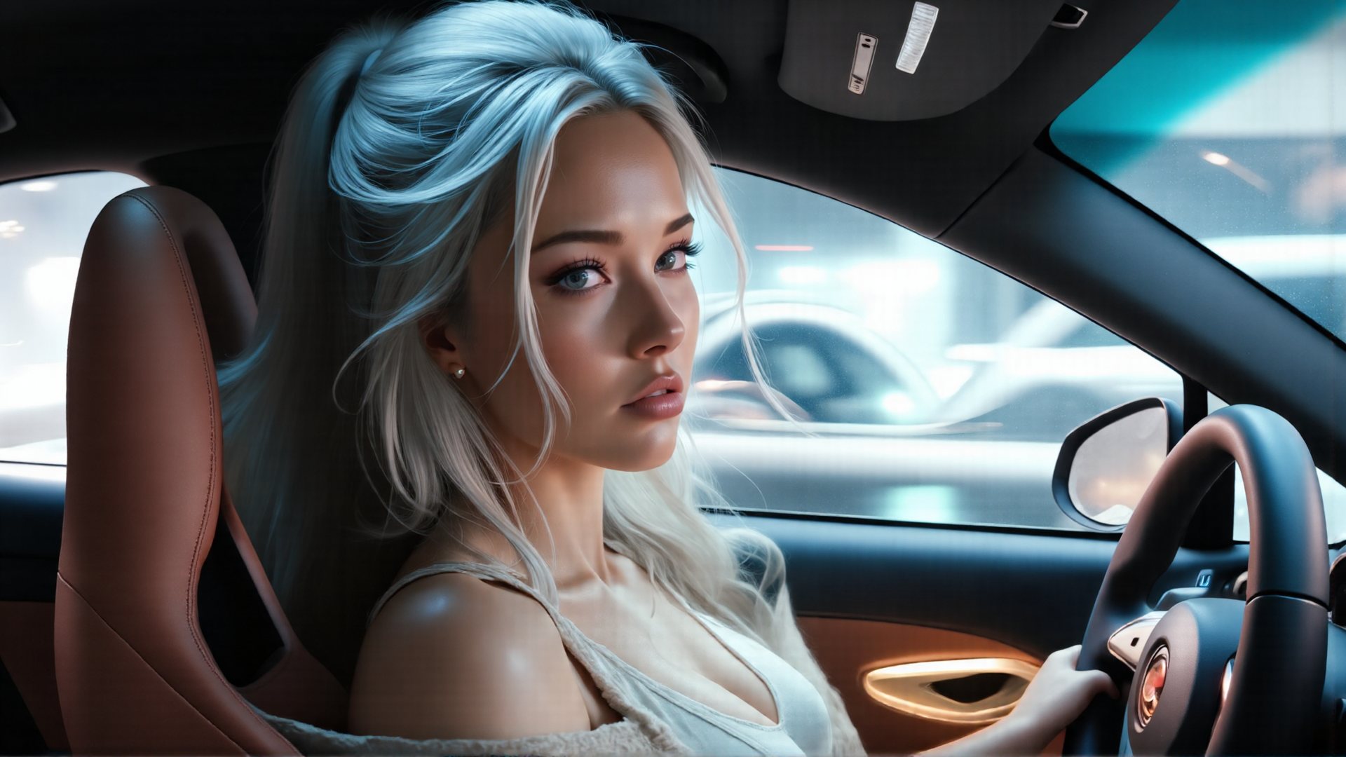 AI generated wallpaper featuring woman, driver, car, steering wheel, seat, mirror, hair, earring, dress, city