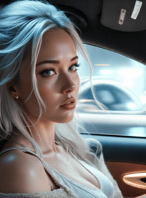 woman, driver, car, steering wheel, seat, mirror, hair, earring, dress, city