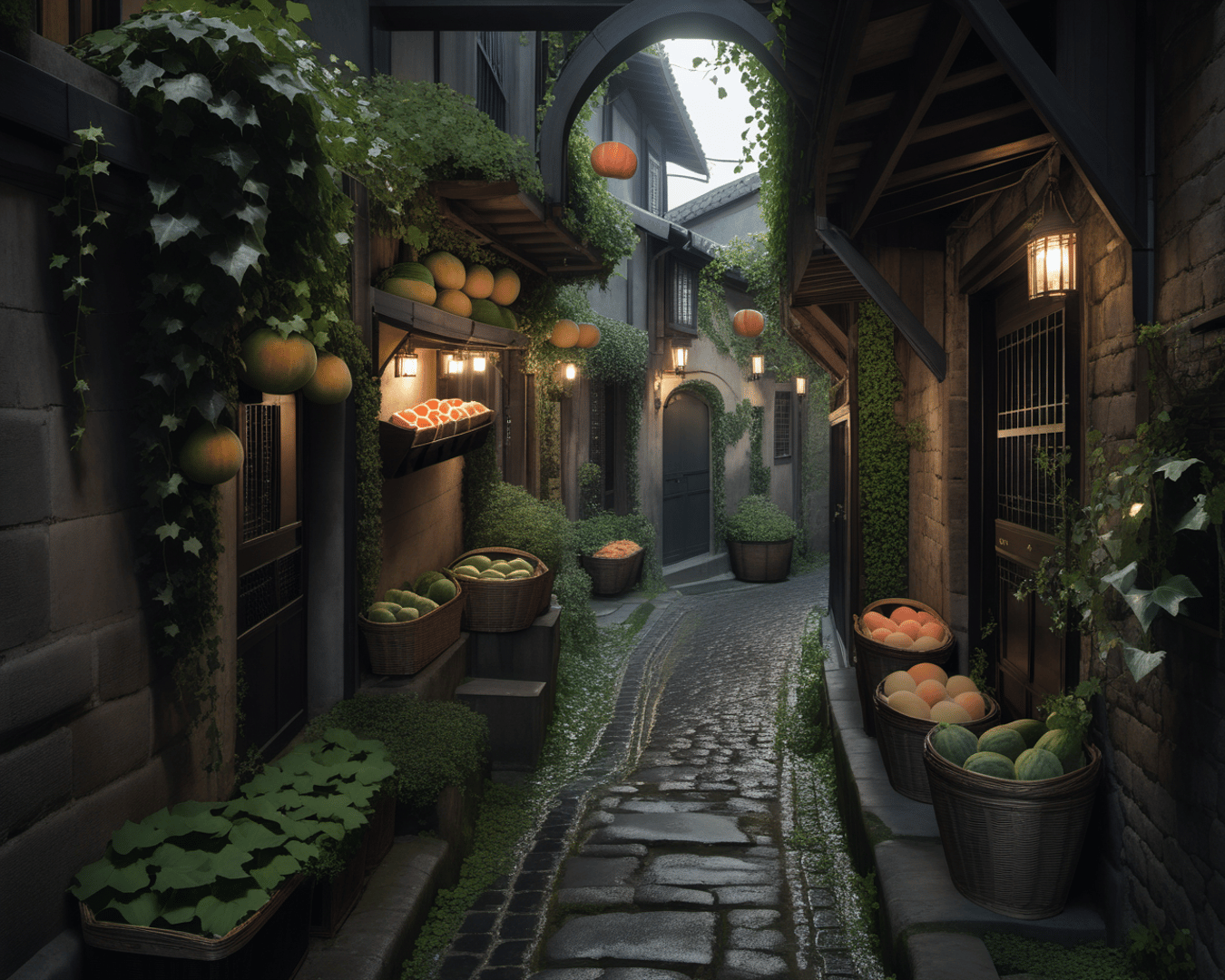 AI generated wallpaper featuring alley, fruits, baskets