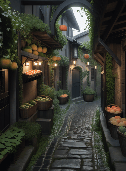 alley, fruits, baskets