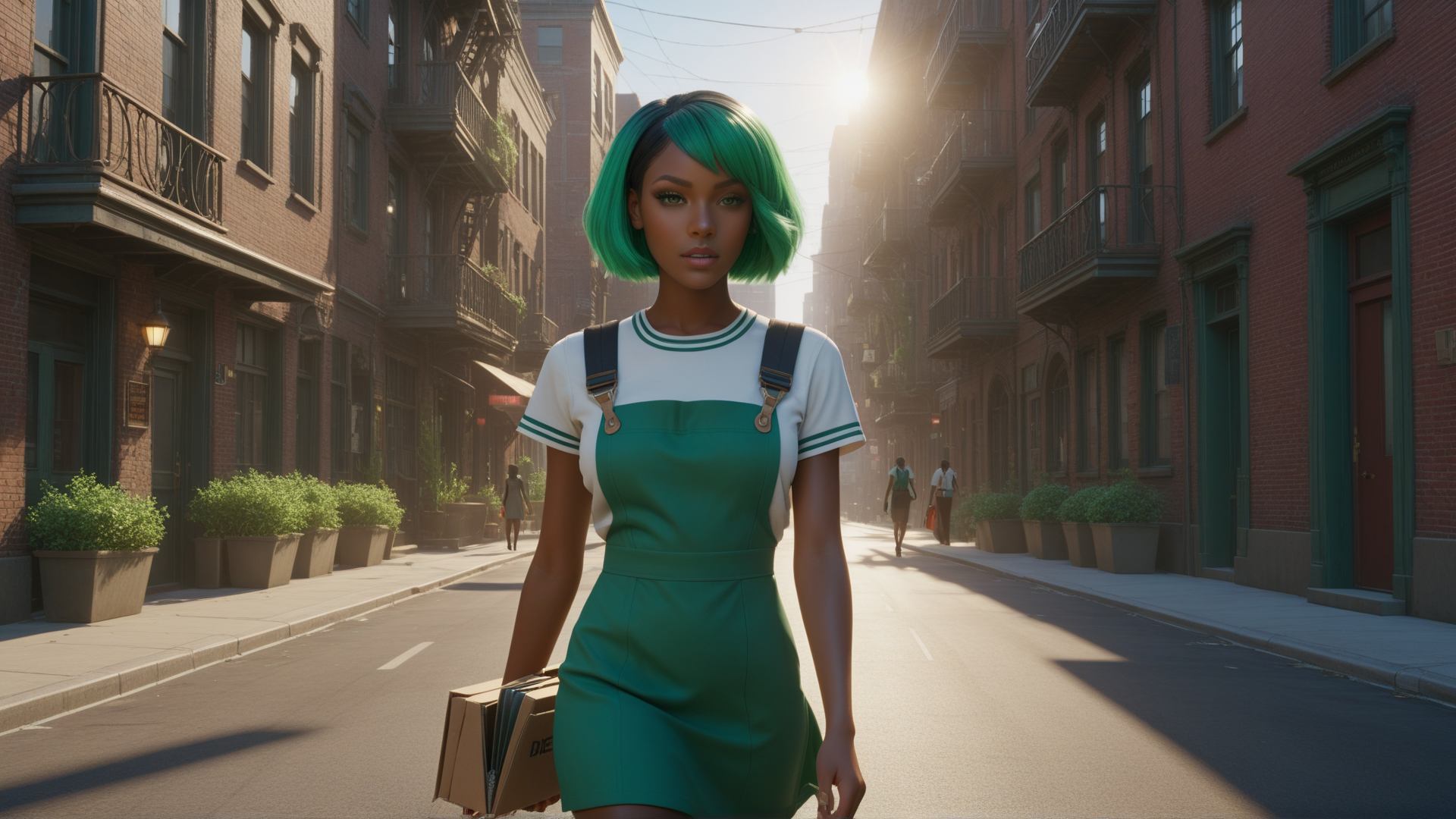 AI generated wallpaper featuring woman, street, apartment, buildings, bushes, boxes, sunset, cityscape, sunlight, people