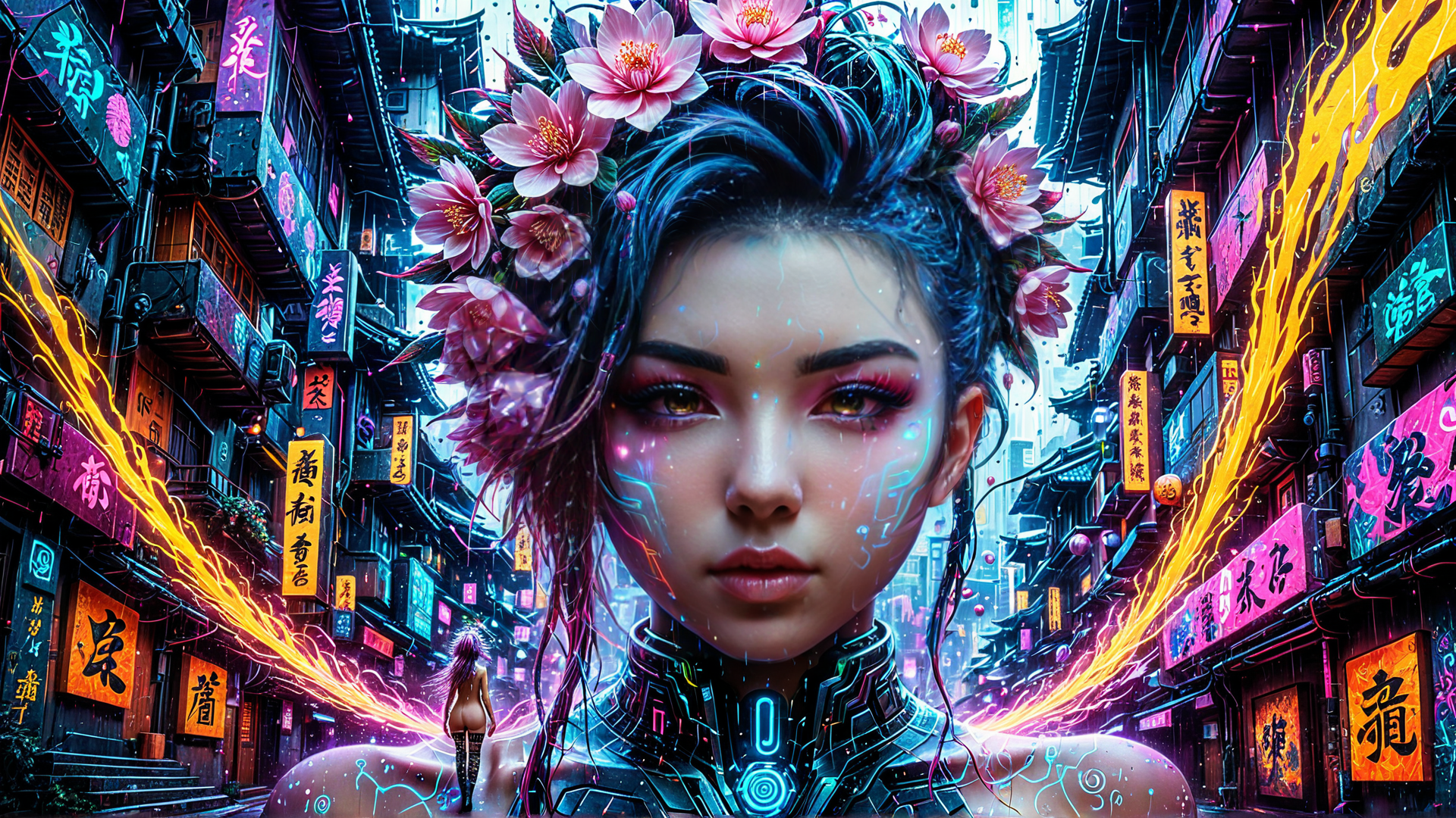 AI generated wallpaper featuring woman, cityscape, flowers