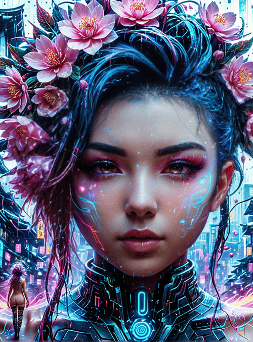woman, cityscape, flowers