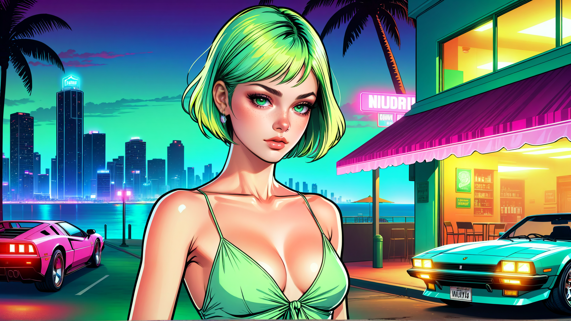AI generated wallpaper featuring woman, cars, cityscape
