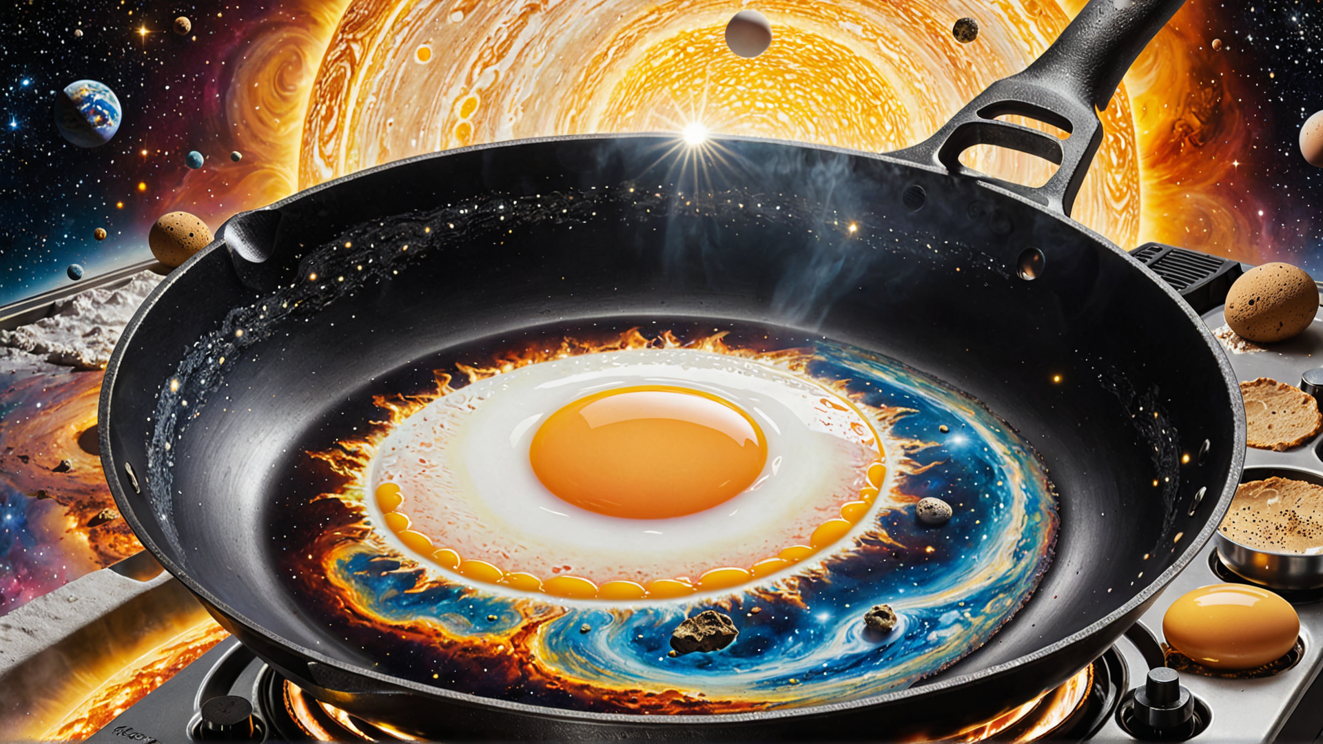 AI generated wallpaper featuring egg, pan, universe