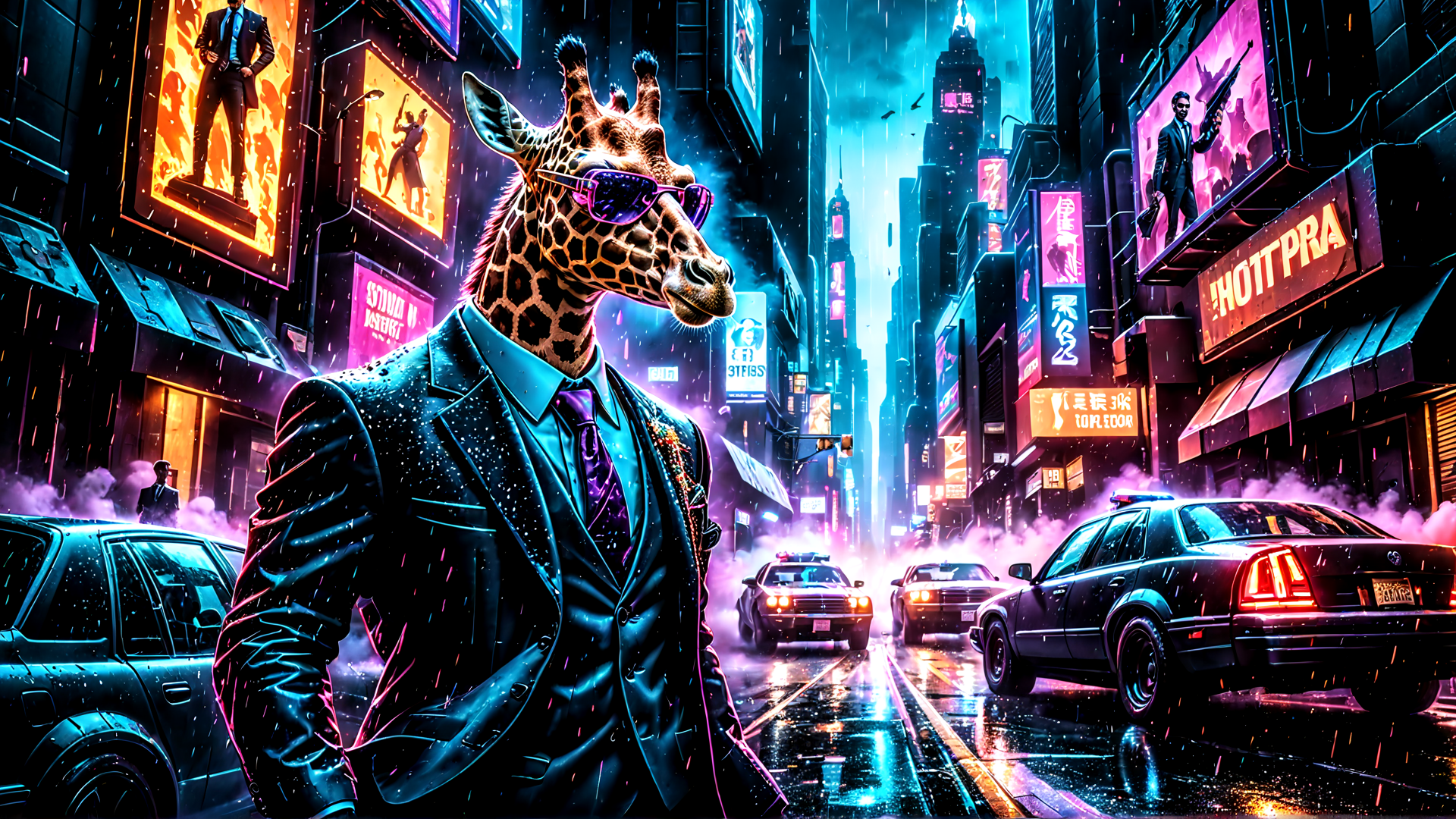 AI generated wallpaper featuring giraffe, city, cars, neon, suits