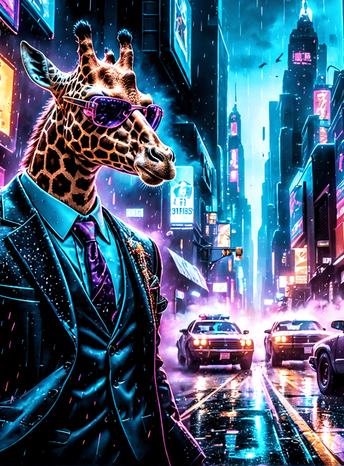 giraffe, city, cars, neon, suits