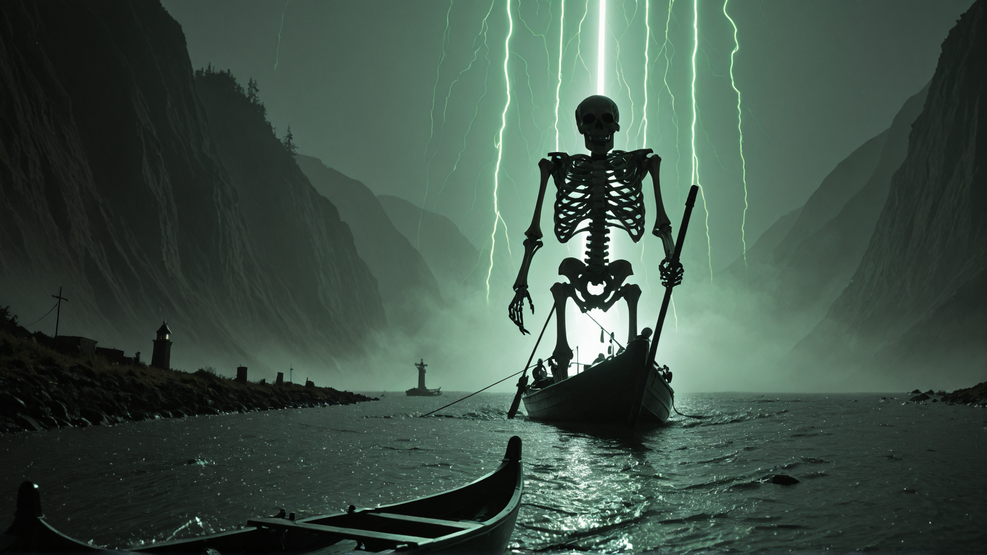 AI generated wallpaper featuring skeleton, boat, lightning