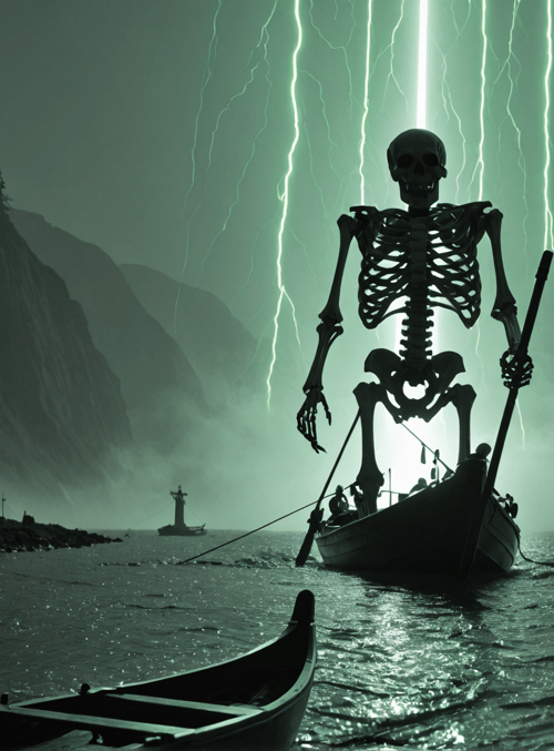 skeleton, boat, lightning