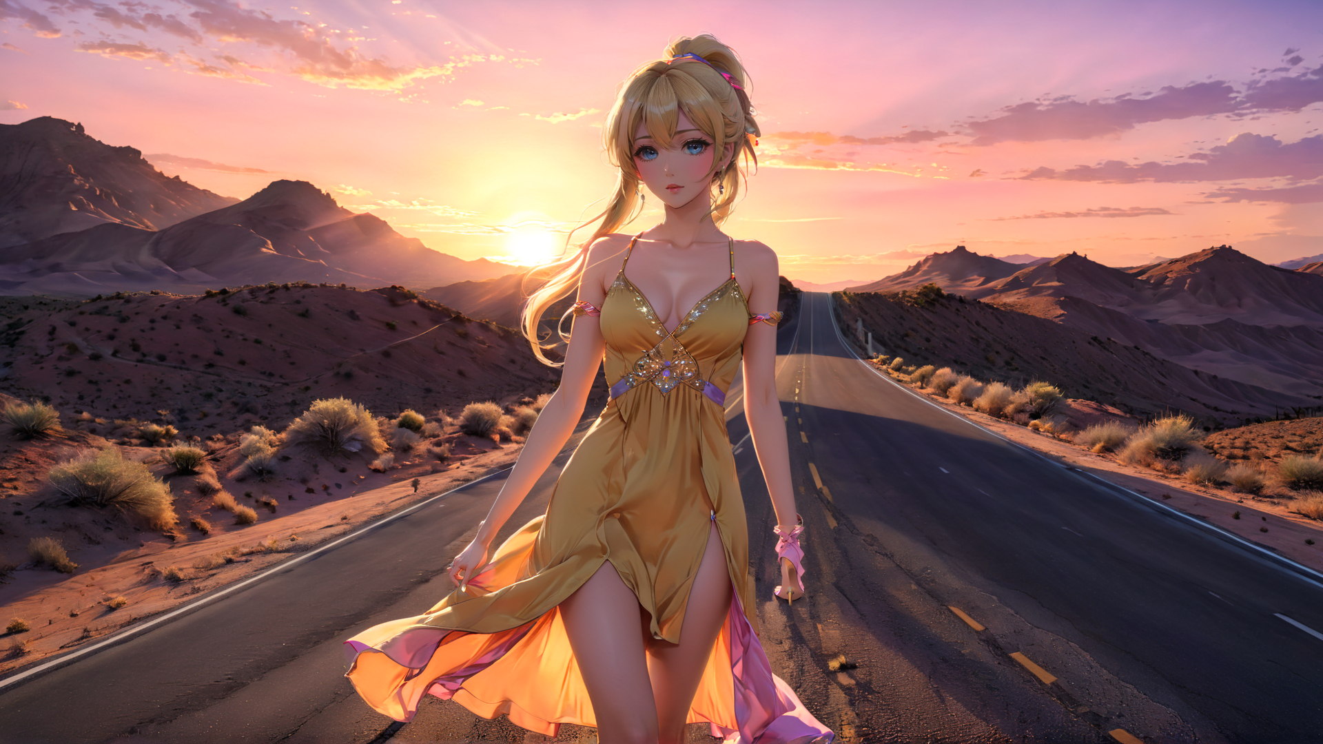 AI generated wallpaper featuring woman, dress, road