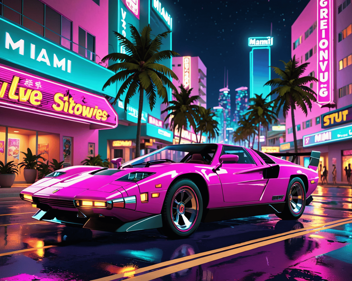 AI generated wallpaper featuring car, city, neon