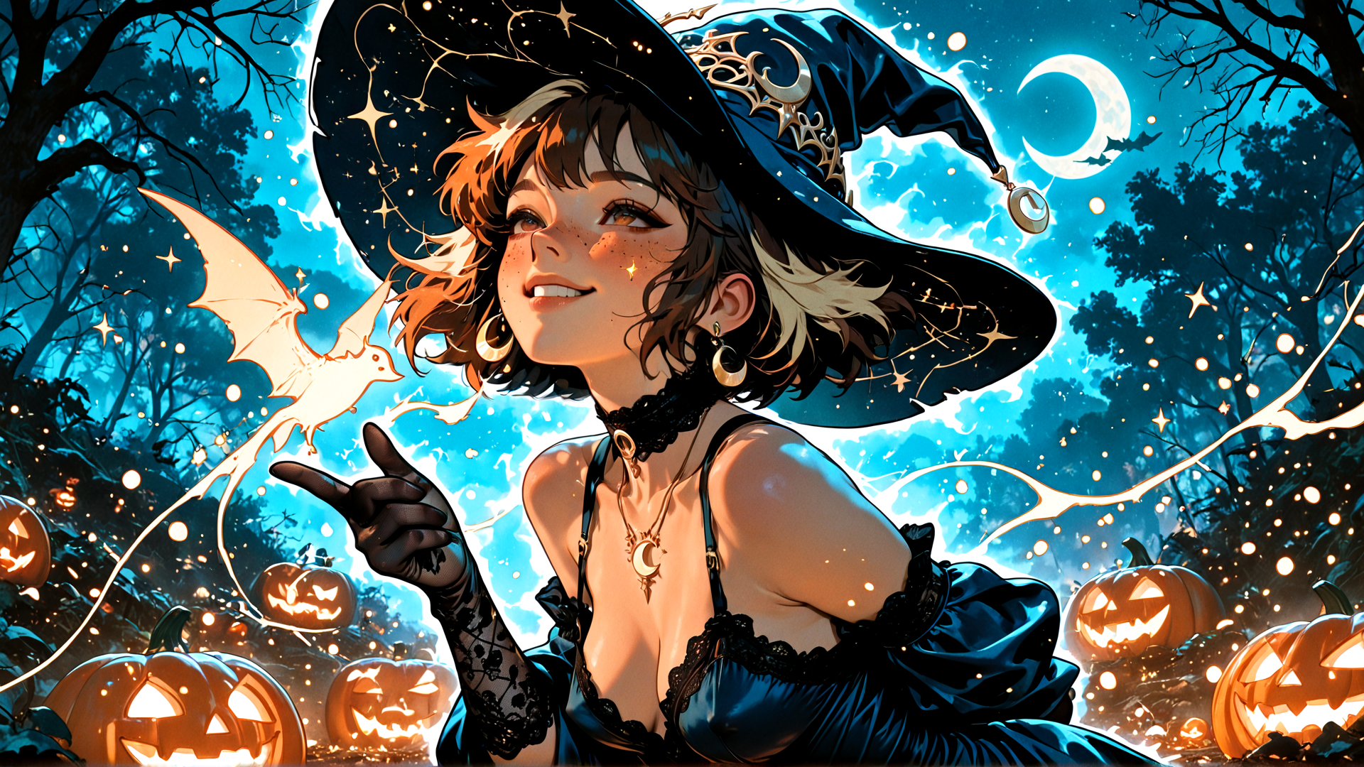AI generated wallpaper featuring witch, bat, pumpkin, moon, trees, stars, sparkles, hat, dress, gloves