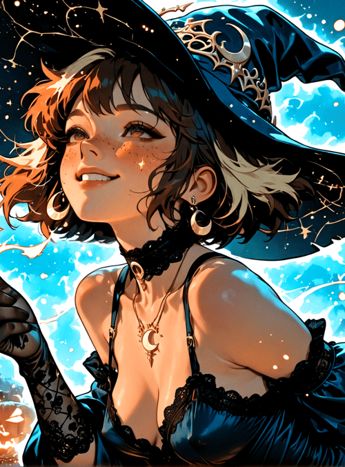 witch, bat, pumpkin, moon, trees, stars, sparkles, hat, dress, gloves