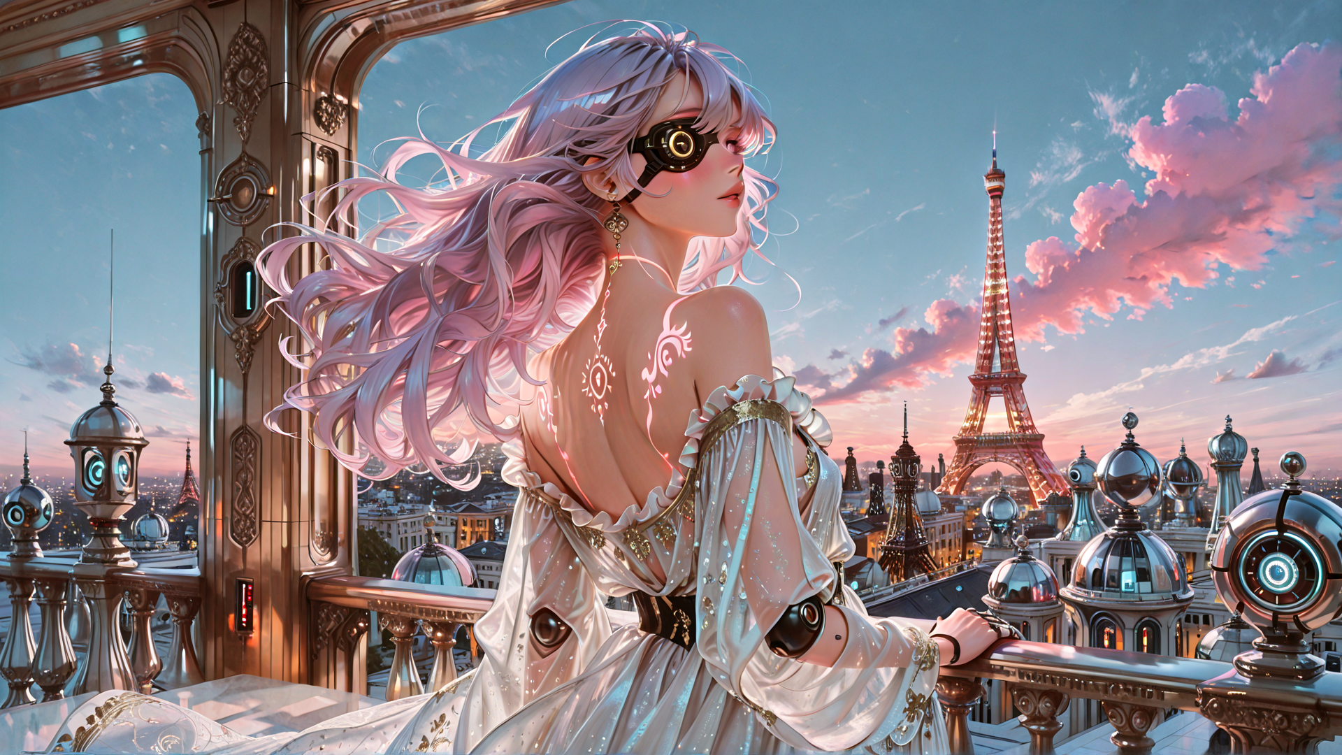 AI generated wallpaper featuring girl, eiffel tower, balcony, goggles, dress, hair, cityscape, clouds, building, dome