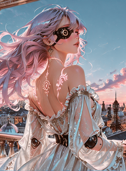 girl, eiffel tower, balcony, goggles, dress, hair, cityscape, clouds, building, dome